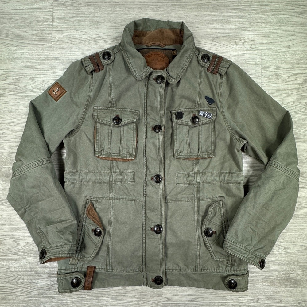 Naketano Men's Jacket Brave New Word Field Utility Canvas Green Large Patch Logo